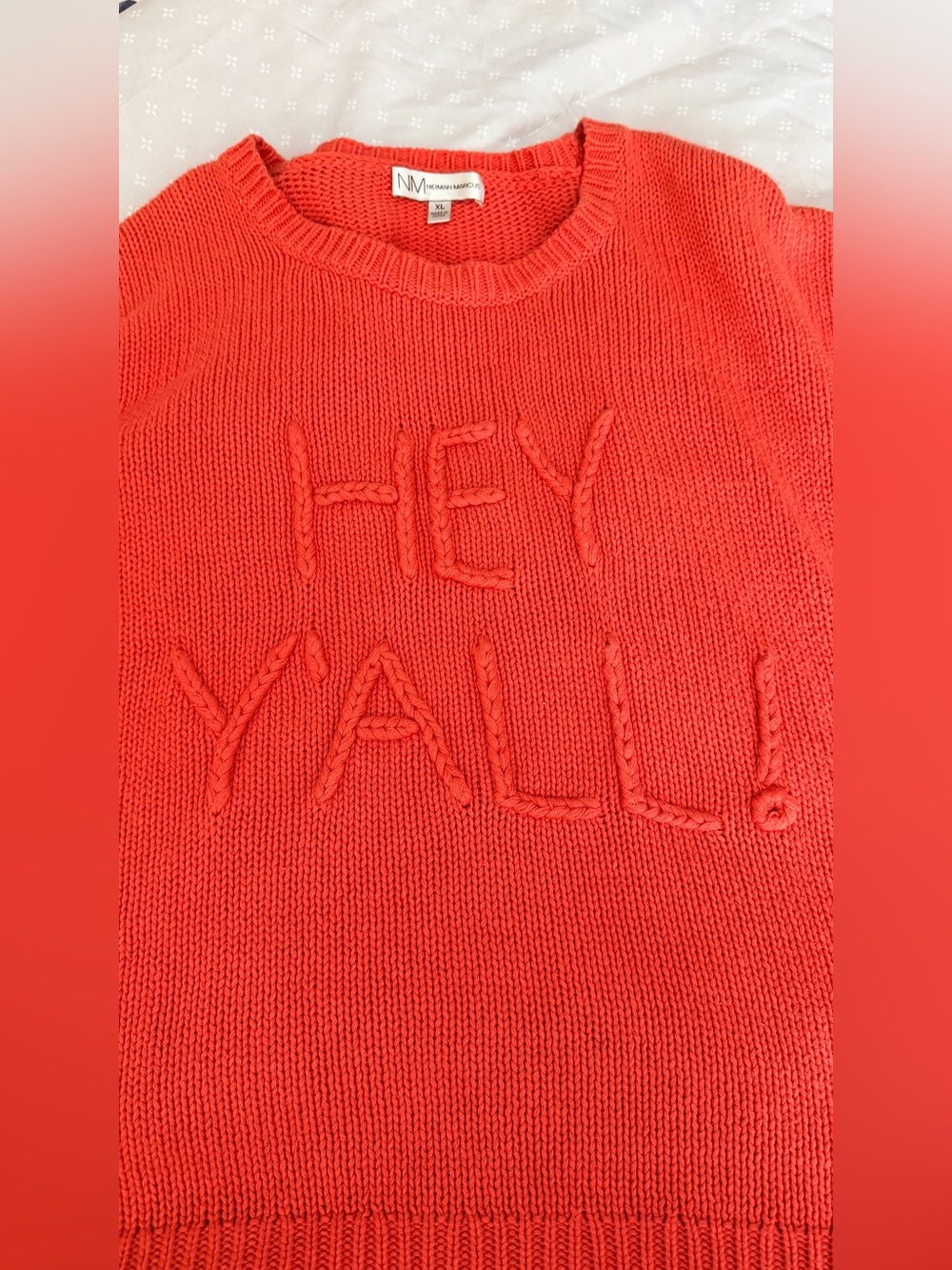 Neiman Marcus Coral Knit Crewneck Sweater with "HEY Y'ALL!" - Sz XL